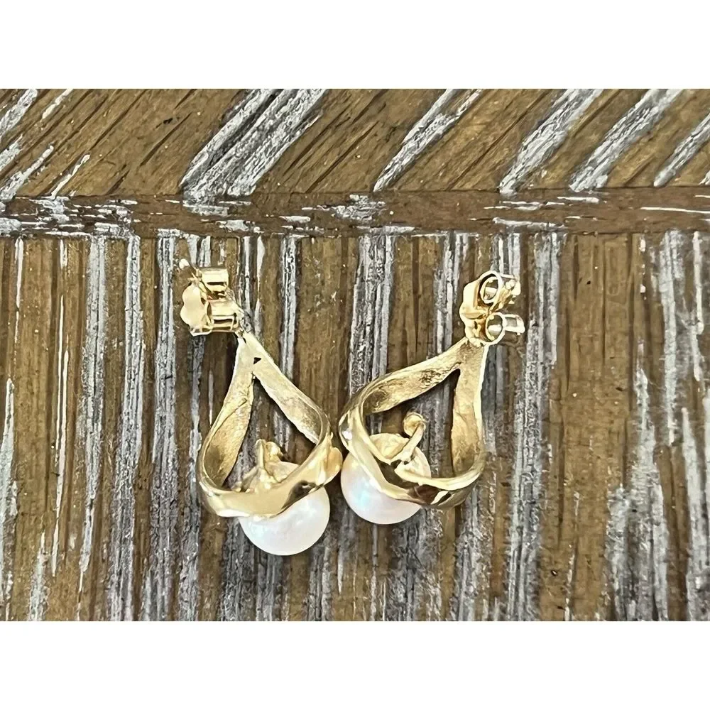 Vintage Signed UL 14K Gold Pearl Diamond Drop Pierced Earrings - Picture 10 of 10